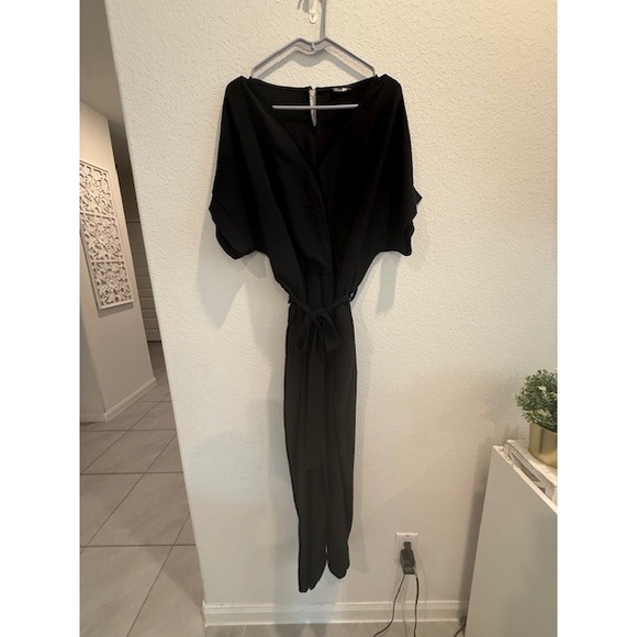 PrettyGarden Pants - PRETTYGARDEN Womens Black Short Sleeve Wrap V-Neck Belted Wide Leg Jumpsuit XL